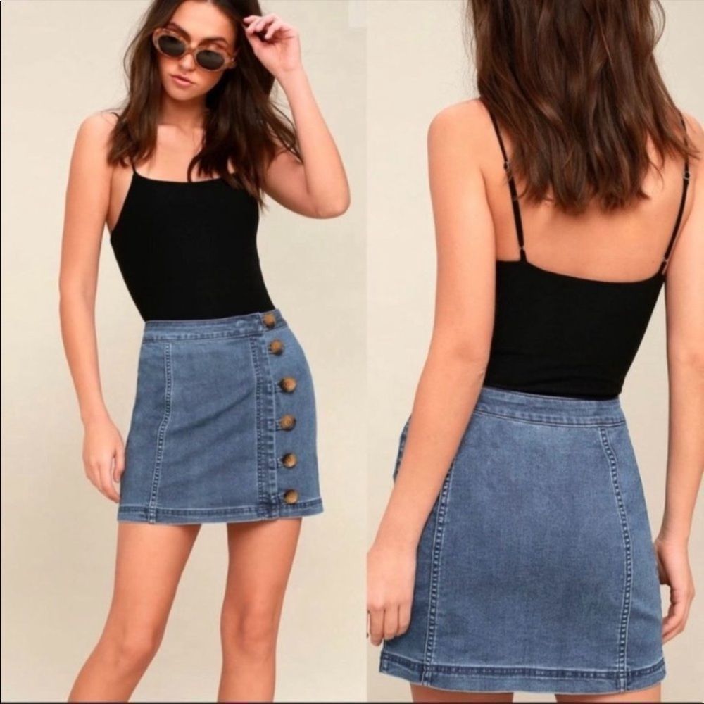 Free People Little Daisies Medium Wash Denim Button Front Mini Skirt